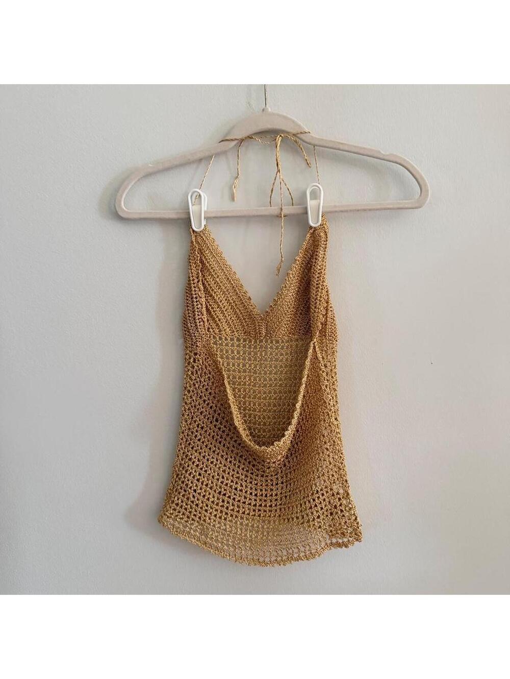 Gold Metallic Crotchet Halter Top With Floral Lace Trim - Picture 4 of 4